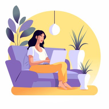 Vektör karikatür çizimi, gündelik giysiler içinde genç ve güzel bir bayan serbest yazar rahat bir kanepeye oturur ve bir dizüstü bilgisayarda çalışır. Konforlu ev ortamı. Uzaktan çalışma kavramı.