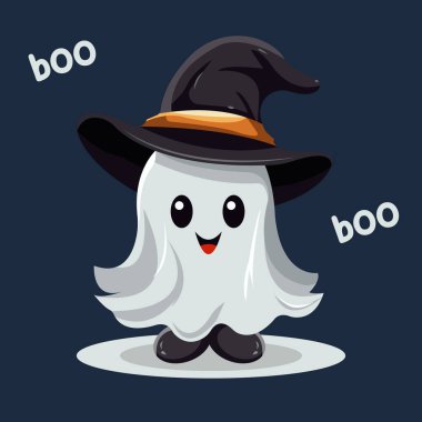 Çizgi film tarzında vektör illüstrasyonu. Geleneksel cadılar bayramı şapkalı komik hayalet. Giysi baskısı, tebrik kartı şablonu veya poster.