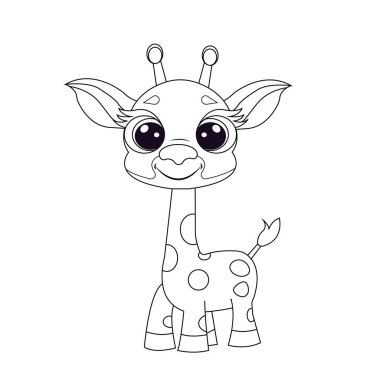 Vektör taslağı çizimi, renklendirme sayfası, dijital çizim. İzole edilmiş beyaz arka planda iri gözlü sevimli bebek zürafası..