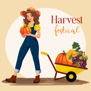 Vektör düz çizgi film çizimi. Balkabaklı genç bir çiftçi ve sebzeli bir el arabası. Sonbahar sezonu. Hasat festivali için parlak bir bayrak, tüm elementler birbirinden izole edilmiş..