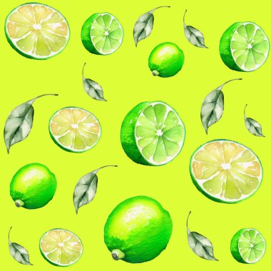 Limonlar, yapraklar ve limonlarla kusursuz desen. Suluboya el resmi çizimi.
