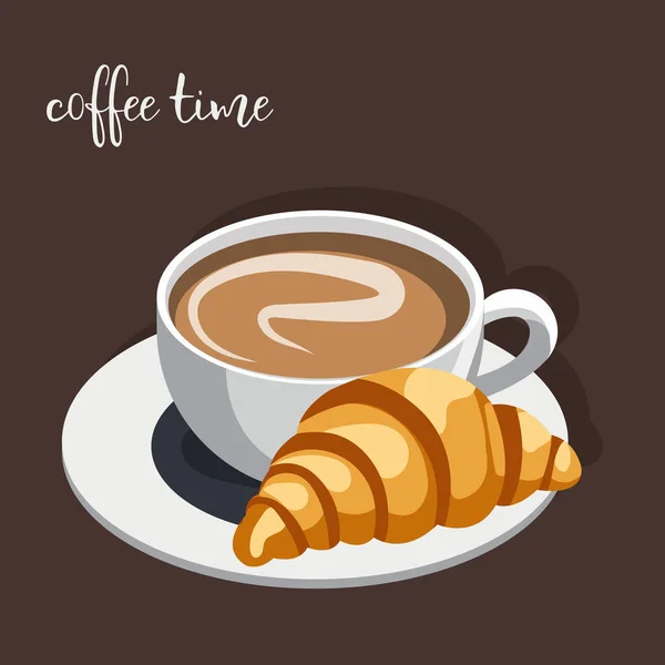 Düz bir şekilde vektör illüstrasyonu. Bir fincan aromatik kahve ve lezzetli bir kruvasan. Kahve saati yazılı pankart.