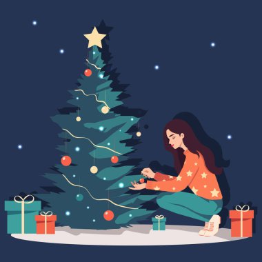 Vektör dairesi çizimi, rahat örülmüş süveterli güzel genç bir kadın Noel ağacını ev ortamında tatil için dekore ediyor..