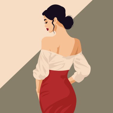 Vektör düz moda illüstrasyonu, güzel bir vücudu olan koyu renk saçlı genç bir kadın pembe bir bluz içinde çıplak omuzları ve kırmızı eteğiyle poz veriyor..