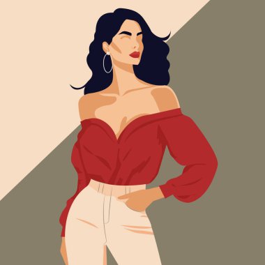 Vektör düz moda illüstrasyonu, güzel bir figür ile koyu saçlı genç bir kadın çıplak omuzları ve açık pembe pantolonu ile şık kırmızı bir bluz poz.