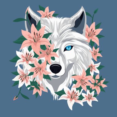 Vektör çizimi, zarif zambak çiçekleri içinde mavi gözlü beyaz bir kurdun stilize edilmiş kafası..