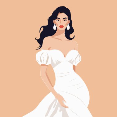 Vektör moda illüstrasyonu, güzel bir vücudu olan, beyaz elbiseli, çıplak omuzlu ve kabarık kollu güzel esmer kadın..