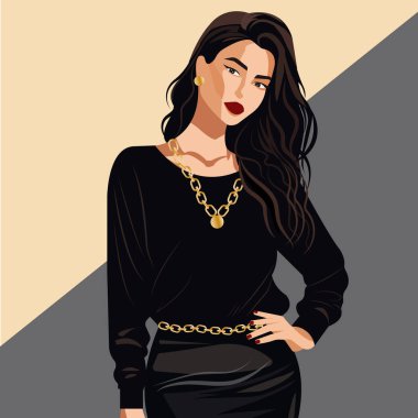 Modern vektör moda tasviri, uzun siyah saçlı, siyah kazaklı ve etekli, boynunda ve kemerinde zincir şeklinde altın aksesuarlar olan seksi genç kadın..