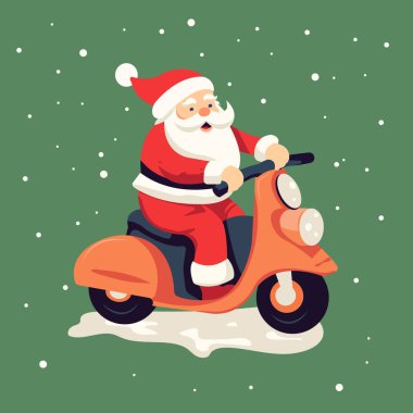 Vektör düz çizim, geleneksel kostümlü komik Noel Baba motosiklet sürüyor..