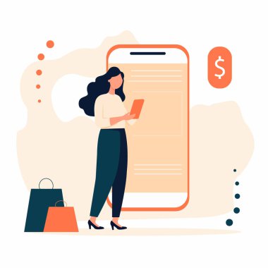 Vektör dairesi çizimi, online alışveriş yapan genç bir kadın. Modern tasarım.