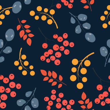 Sonbahar dalları ve böğürtlenlerle basit düz bir botanik deseni..