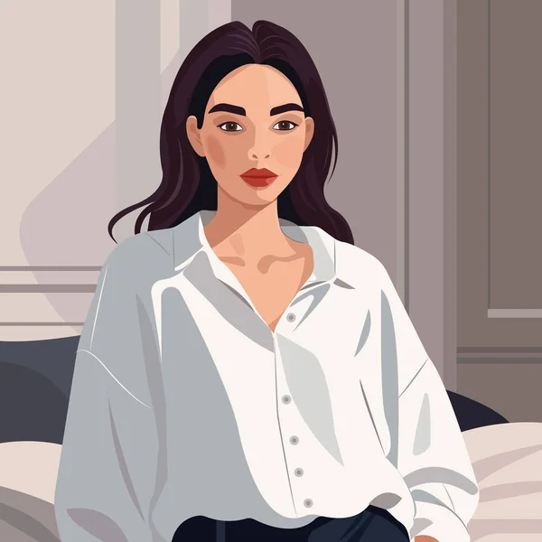 Vektör moda illüstrasyonu, şık beyaz tişörtlü hoş bir kadın açık renkli bir iç mekânda poz veriyor..