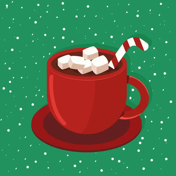 Vektör düz çizim, bir fincan kremalı sıcak kakao ve Noel şekeri..