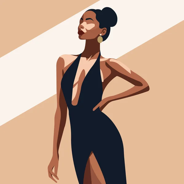 Vektör düz moda illüstrasyonu, zarif, siyah elbiseli, çıplak omuzlu ve yakası kalın bir Afrikalı kadın..