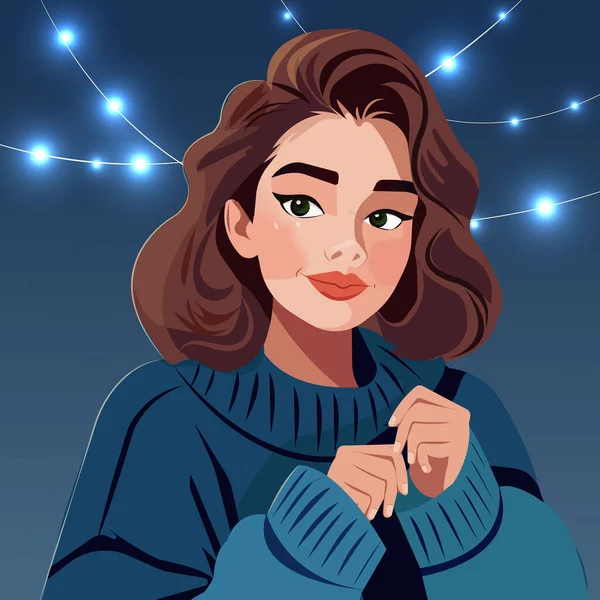 Vektör karikatür çizimi, güzel yüzlü, kalın bir kazak giyen genç ve güzel bir kadın parlak çelenklere bakıyor.