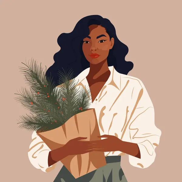 Vektör çizimi, genç ve güzel bir Afrikalı kadın elinde bir buket köknar dalı tutuyor..