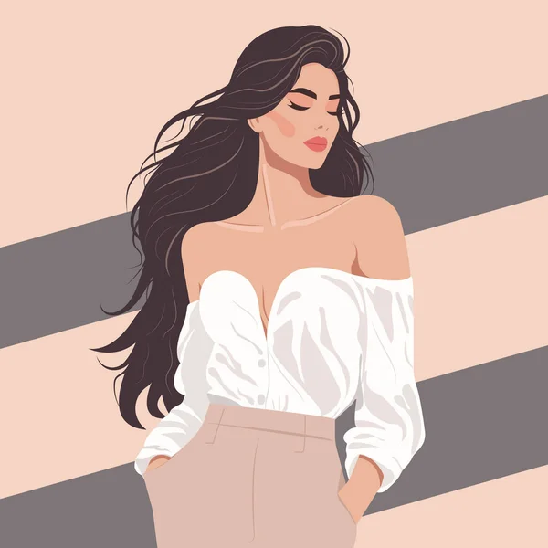 Vektör düz moda illüstrasyonu, uzun siyah saçlı, şık bluzlu, çıplak omuzlu ve pantolonlu seksi kadın. Modern kadın patron..