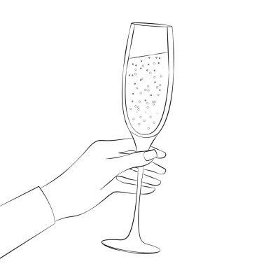 Vektör çizimi, kalem çizimi, çizim, zarif bir kadın elinin boyama sayfası güzel bir manikür ile izole edilmiş beyaz arka planda bir bardak şampanya tutuyor..