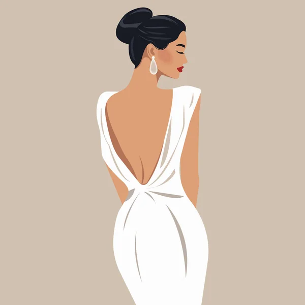Vektör düz moda illüstrasyonu, şık, sırt dekolteli bir elbise içinde poz veren zarif bir kadın. Arka plan.