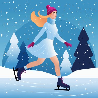 Vektör gradyan çizimi, beyaz elbiseli güzel bir kız paten kayıyor. Eğlence konsepti kış eğlencesi ve açık hava aktiviteleri.