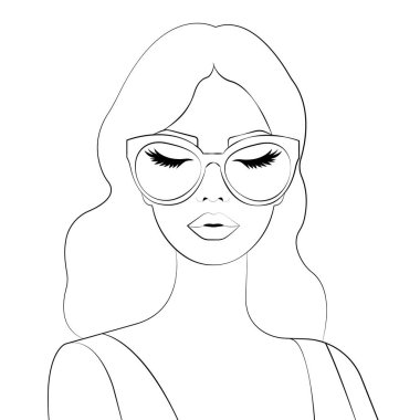 Vektör hatları, el çizimleri, boyama sayfası kapalı gözlü güzel kadın izole edilmiş beyaz arka planda şık güneş gözlüğü takıyor..