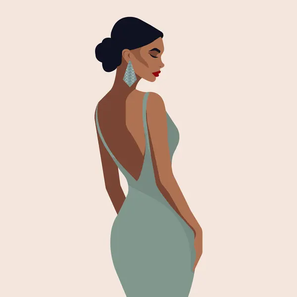 stock vector Vector fashion illustration, young sexy woman with a perfect figure posing in an elegant backless dress. Back view.