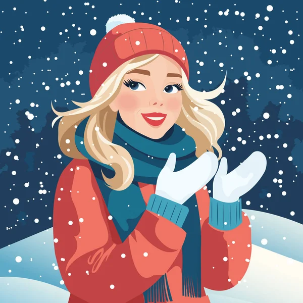 Vektör çizgi film çizimi, sıcak kış kıyafetleri içindeki mutlu sarışın kız elleriyle kar tanelerini yakalıyor. Sıcak kış mevsimi.