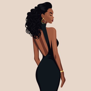 Vektör düz moda illüstrasyonu, zarif, sırt dekoltesi olmayan siyah elbiseli seksi Afrikalı kadın. Arka plan.