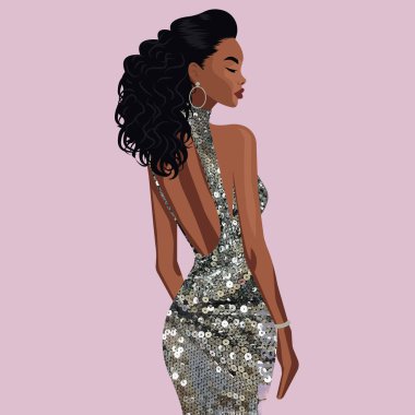Vektör düz moda illüstrasyonu, güzel Afrikalı kadın, çıplak omuzlu, gümüş, sırt dekolteli bir elbise içinde poz veriyor. Arka plan.