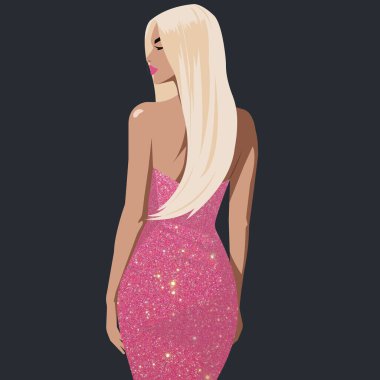 Düz moda illüstrasyon, parlak, pembe sırtsız, çıplak omuzlu, genç, seksi sarışın kız. Arka plan... Adobe Illustrator biçimi.