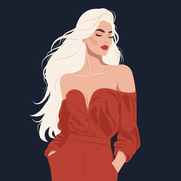 Vektör düz moda illüstrasyonu, uzun saçlı, şık kırmızı tulumlu, çıplak omuzlu genç sarışın kadın..