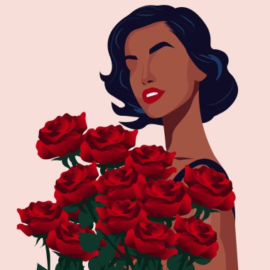 Elinde bir buket kırmızı gülle güzel bir Afrikalı genç kadının yüzsüz çizimi..