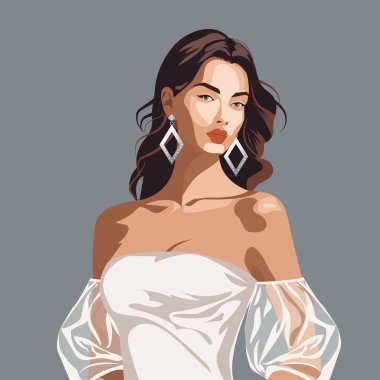 Şık bir gelinlik içinde, kabarık kolları ve çıplak omuzları olan güzel seksi bir gelinin vektör düz moda çizimi..