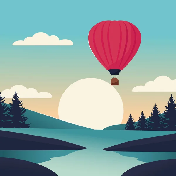 Vector flat landscape with river and hot air balloon.
