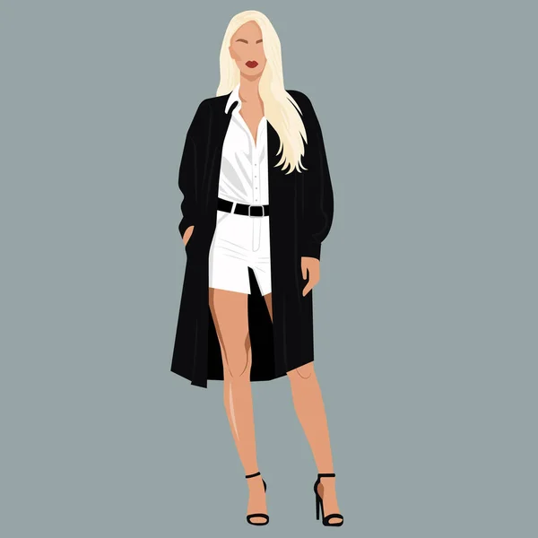 Düz moda, yüzsüz, şık bir tulum ve büyük beden gömlek giyen güzel sarışın bir kadının çizimi..