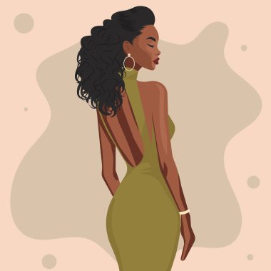 Tarz sahibi, sırt dekolteli seksi bir Afrikalı kadının yüzsüz tasviri. Arka plan.