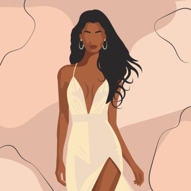 Beyaz elbiseli, bacağında kesik olan güzel bir Afrikalı kadının düz bir tasviri..