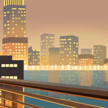 Düz bir gece manzarası, yüksek binaları ve nehri var..