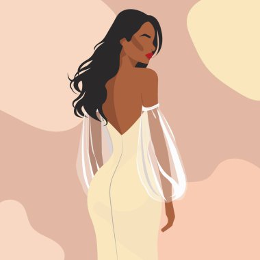 Zarif bir sırt dekoltesi giymiş genç bir Afrikalı kadının düz moda çizimi. Arka plan.