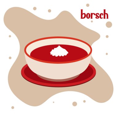 Ukrayna geleneksel birinci sınıf ekşi kremalı kırmızı borşun vektör düz çizimi.