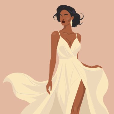 Bacağında kesik olan, şık, akıcı bir elbise giymiş, koyu tenli, güzel bir Afrikalı kadının düz moda çizimi..