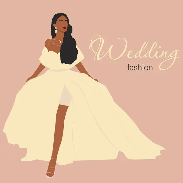 Lüks bir gelinlik içinde güzel bir Afrikalı gelinin düz moda çizimi..