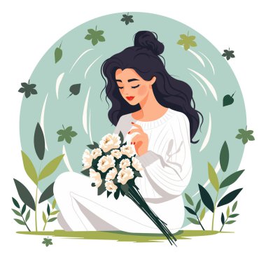 Bir buket taze bahar çiçeğiyle genç ve güzel bir kızın vektör düz çizimi.