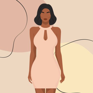 Çıplak omuzlu, yakası kalın, seksi siyah bir kızın vektör moda çizimi..