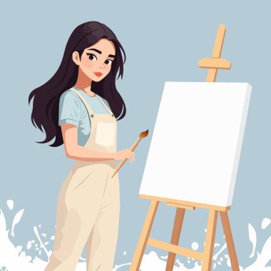  Çizim yapmak için ahşap bir sehpanın yanında duran karikatür kız ressamın düz bir temsili..