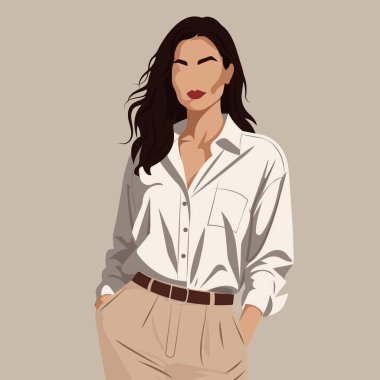 Klasik beyaz gömlek ve pantolon giyen Avrupa görünümlü güzel bir kadının düz moda çizimi..