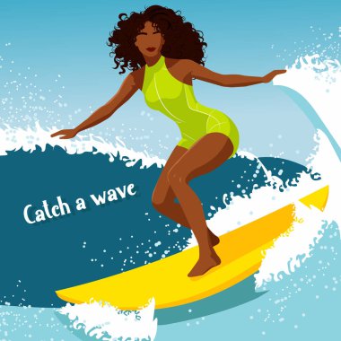Büyük dalgalarda sörf yapan güzel bir Afrikalı kızın vektör çizimi. Poster tasarımı bir dalga yakalar.