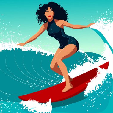 Büyük dalgalarda sörf yapan güzel bir kızın düz bir temsili..
