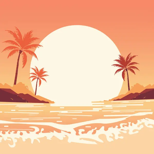 Vector flat summer landscape with sunset and palm trees.