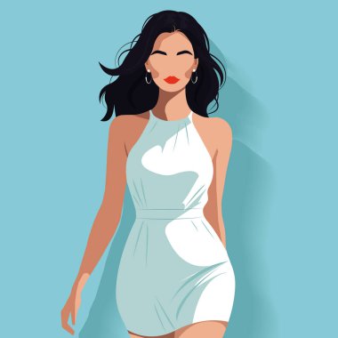 İnce kumaştan yapılmış zarif beyaz bir elbiseyle soyut bir yüze sahip, güzel, seksi bir kadının düz moda çizimi..